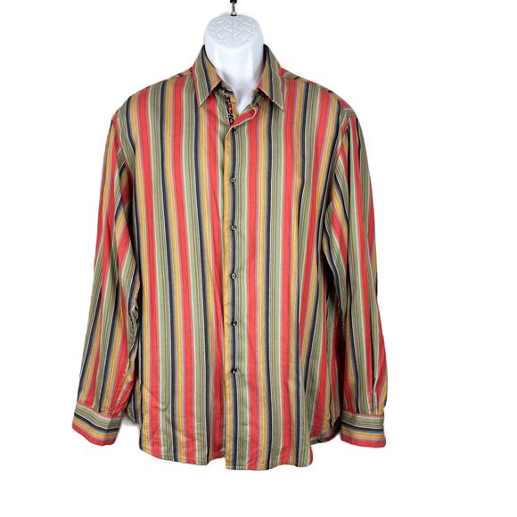 Robert Graham Dress Shirt Men Large Multicolor Stripe Floral Embroider Flip Cuff